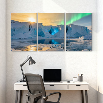 Scénario et paysages urbains, coucher de soleil, glacier, aurore, glace, réflexion, art sur toile, ensemble de 3 impressions sur toile