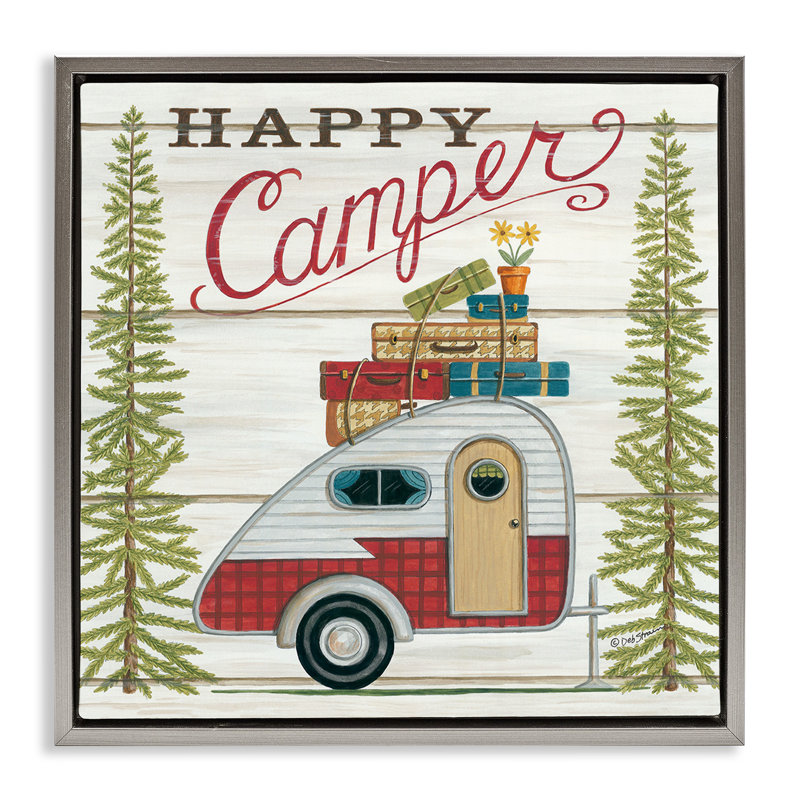 «Rustic Happy Camper», art mural encadré sur toile flottante par Deb Strain, Cadre flottant gris lustré, H 25 po x l 25 po