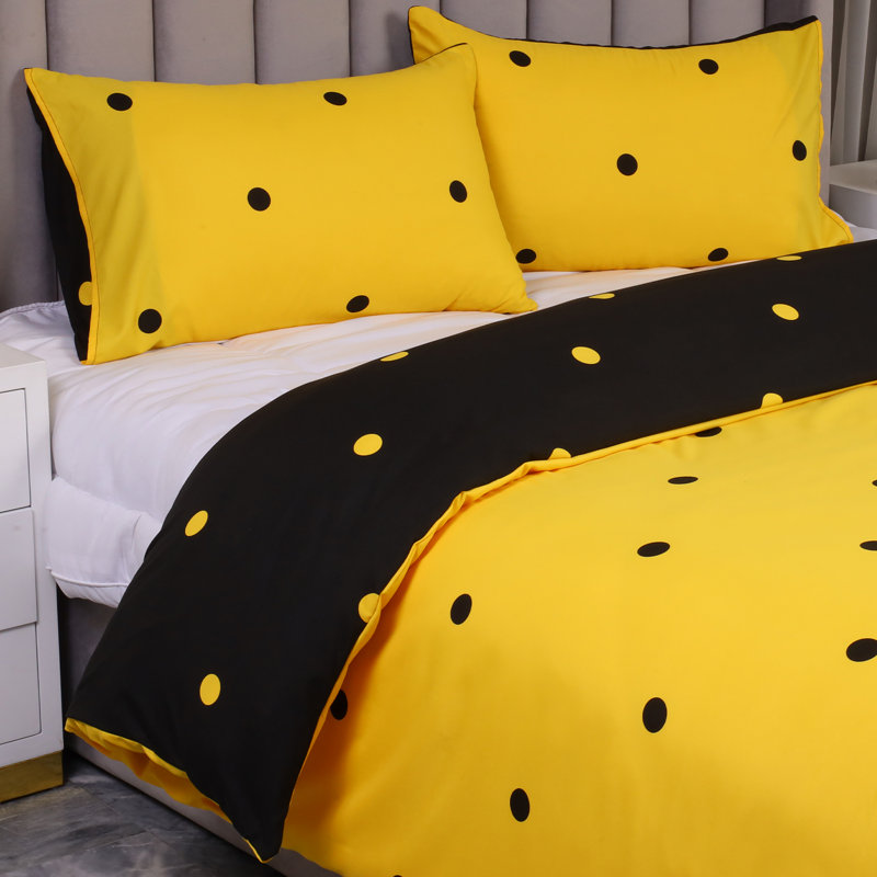100% Microfiber Polka Dots Duvet Cover Set  With Pillow Cases, Black/Yellow, Single Duvet Cover Set + 1 Standard Pillowcase