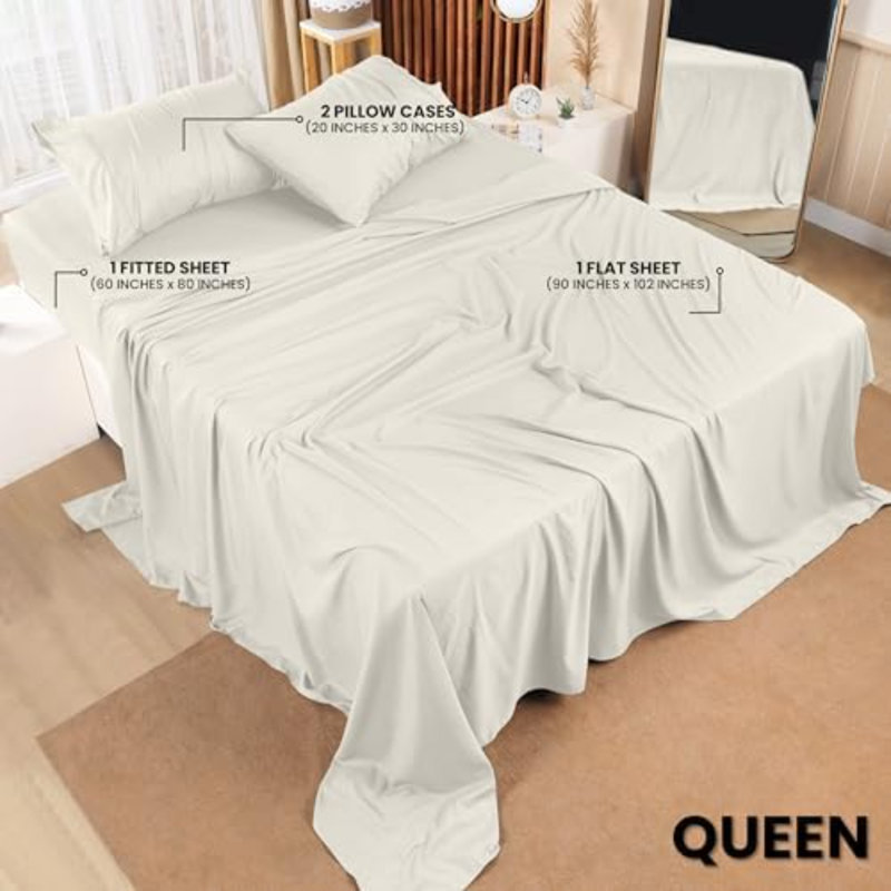 Queen Sheet Set – 4 Piece Bed Sheets For Queen Size Bed, Soft And Breathable Microfiber, Includes 1 Fitted Sheet, 1 Flat Sheet And 2 Pillowcases (Ivory)
