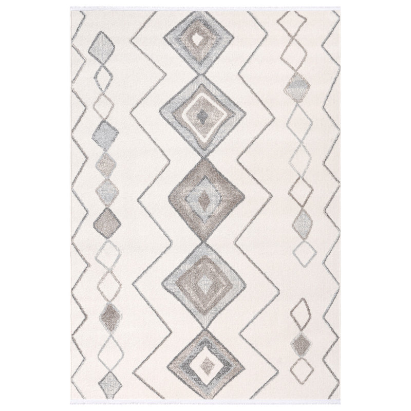 Tapis rectangulaire en polypropylène tissé à la machine géométrique crème / gris, Rectangle 6 pi 7 po x 9 pi 6 po