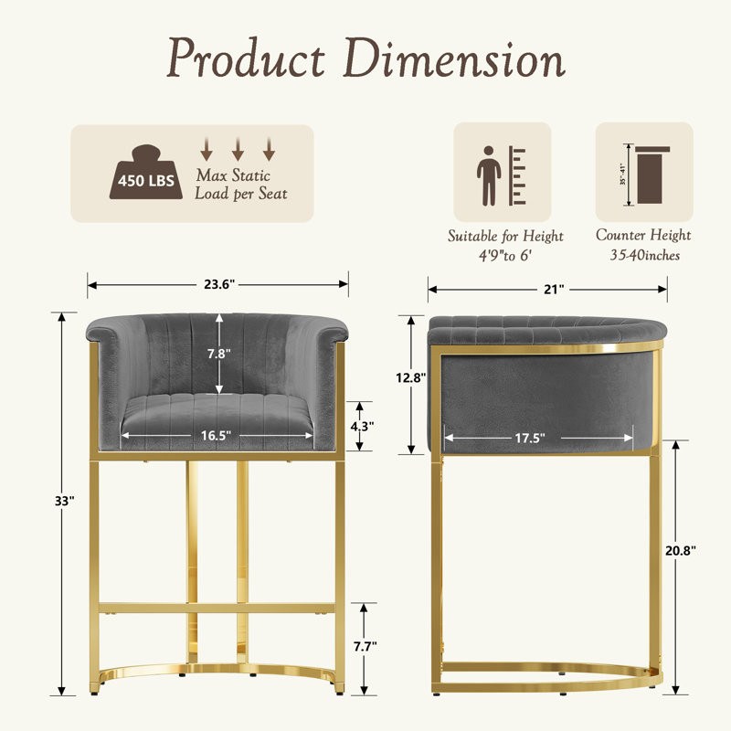 Counter Height Bar Stool Barrel Counter Stool With Backrest,Silver-Gray Velvet Gold Metal Base, Gold, Gray Velvet