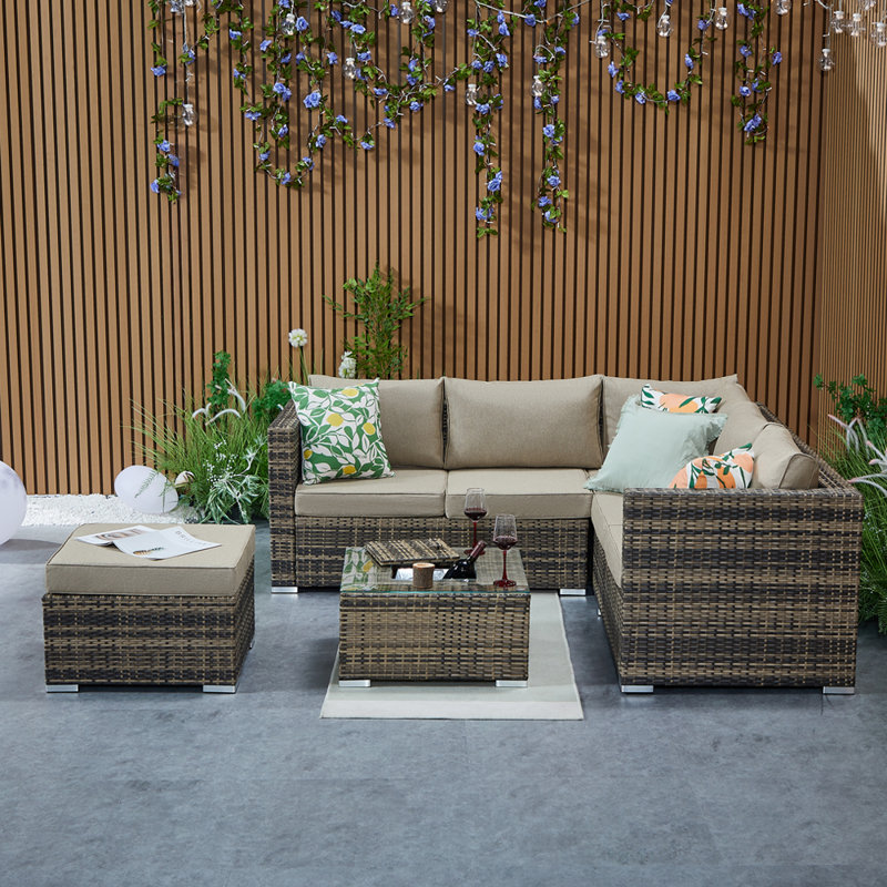 Vancouver 6 Seater Corner Sofa Set With Ice Bucket Coffee Table and rain Cover and footrest , Brown, Brown