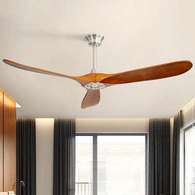 Kemp 60" 3-Solid Wood Blade Indoor/Outdoor Large Ceiling Fan With Remote,no light