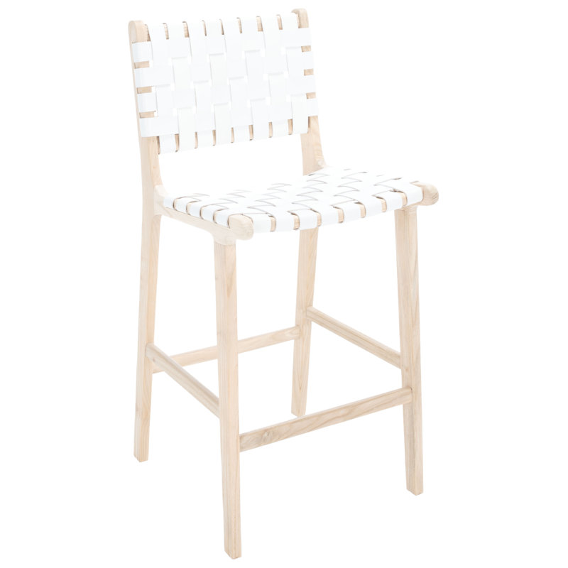 Tabouret Alston, Cuir blanc / cadre naturel sans finition, Tabouret de comptoir (siège d'une hauteur de 27,1