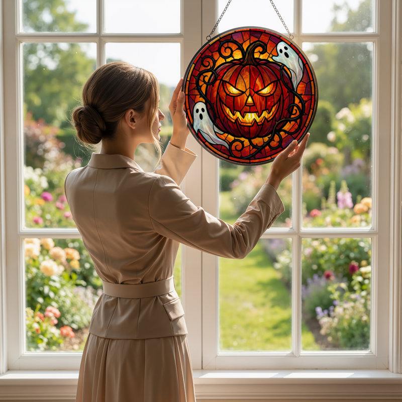 Panneau de vitrail en verre coloré 12 "H Pumpkin