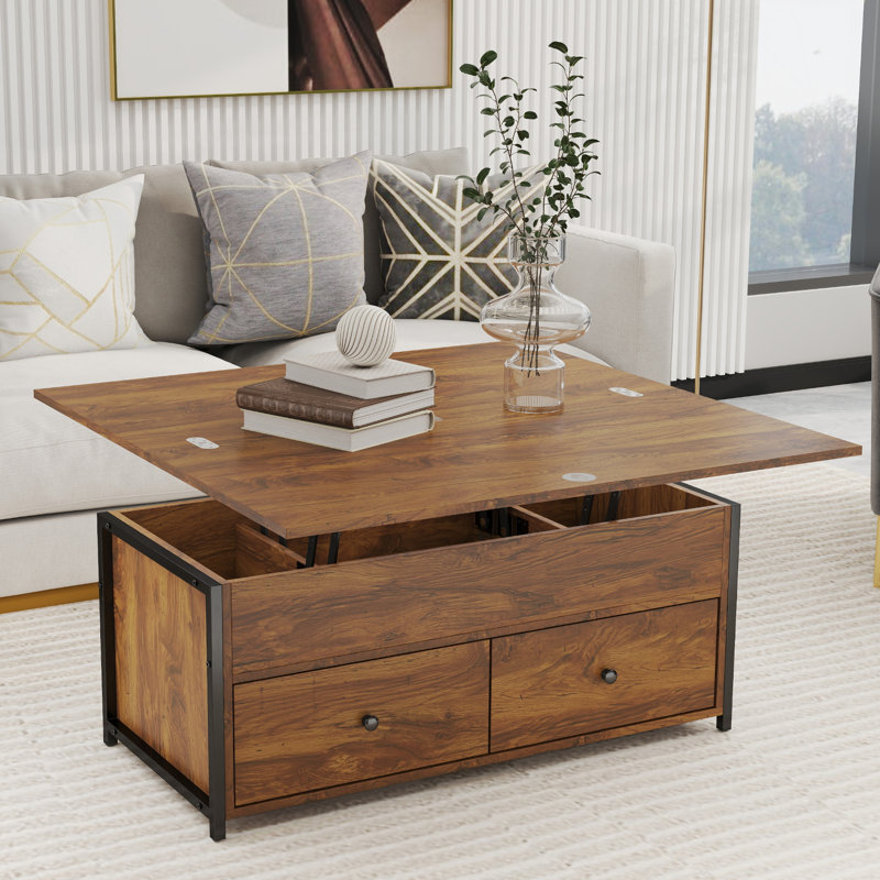 Table basse à plateau relevable avec rangement caché et deux tiroirs Veromca, Brun