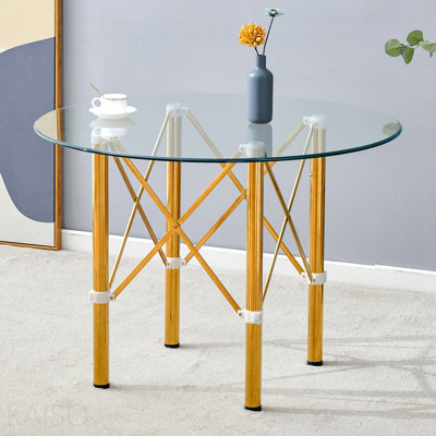 Élégante table ronde en verre transparent transparent de 39,7 pouces de diamètre avec pieds en métal doré. Pieds télescopiques en métal, plateau de table circulaire en verre transparent, raccord à ventouse.