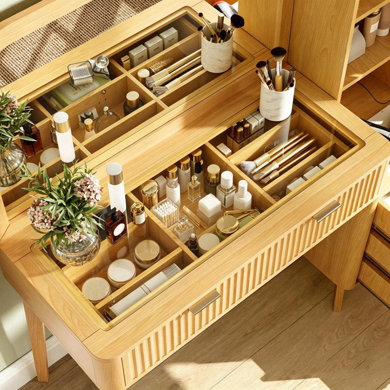 Coiffeuse en bois cannelée avec grand miroir, coiffeuse à 4 tiroirs avec armoire de rangement et station de charge pour chambre à coucher, naturel