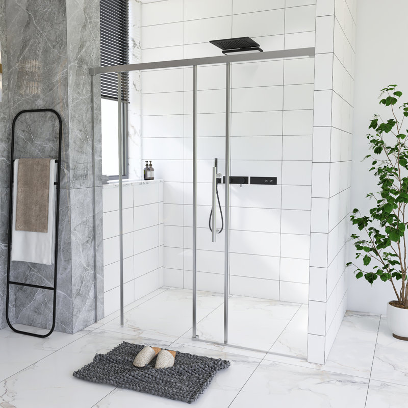 60" W × 72" H Single Sliding Shower Door,5Mm Fixed Glass And 6Mm Sliding Glass Frameless , Clear Tempered Glass, Stainless Steel Handle,Chrome