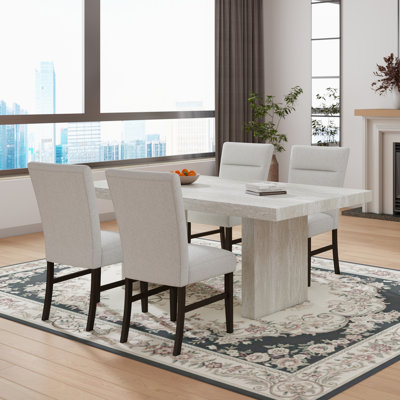  Cavira 5-Piece Modern Dining Set, Faux Marble Dining Table With 4 Chairs, Beige