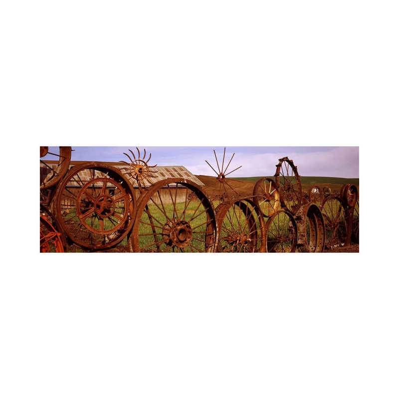 Old Barn With A Fence Made Of Wheels, PAlouse, Whitman County - Wrapped Canvas Panoramic Print