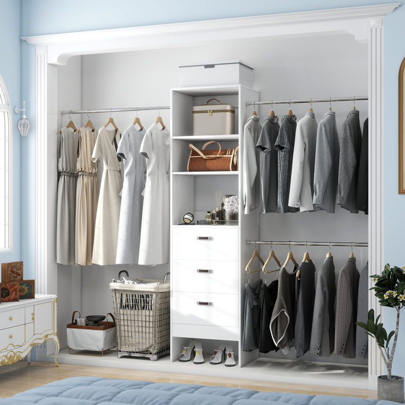 21"-96" Closet System With 3 Drawers And 3 Rods(Can Be Cut To Fit), White