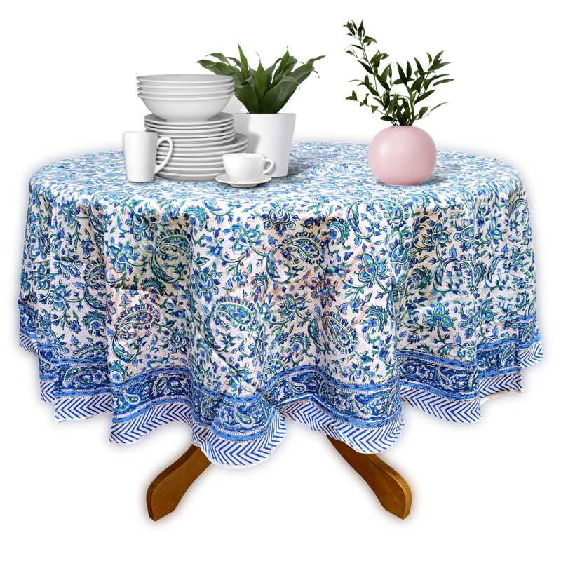 Block Print Floral Cotton Round Tablecloth, Blue
