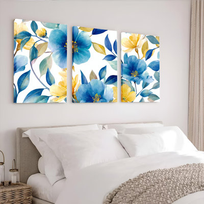 Ensemble de 3 toiles aquarelle florales bleues et jaunes, montées sur châssis, pour la décoration du salon et de la chambre.