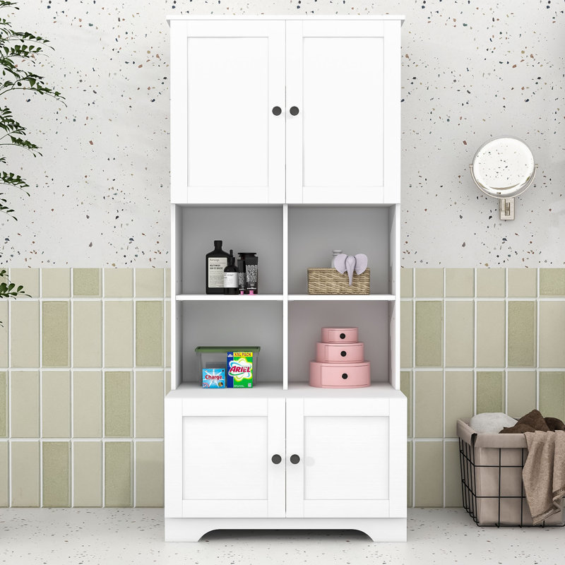 Keavin Wood Freestanding Bathroom Storage Cabinet with Adjustable Shelves and Multi-Layer Open Shelves, White