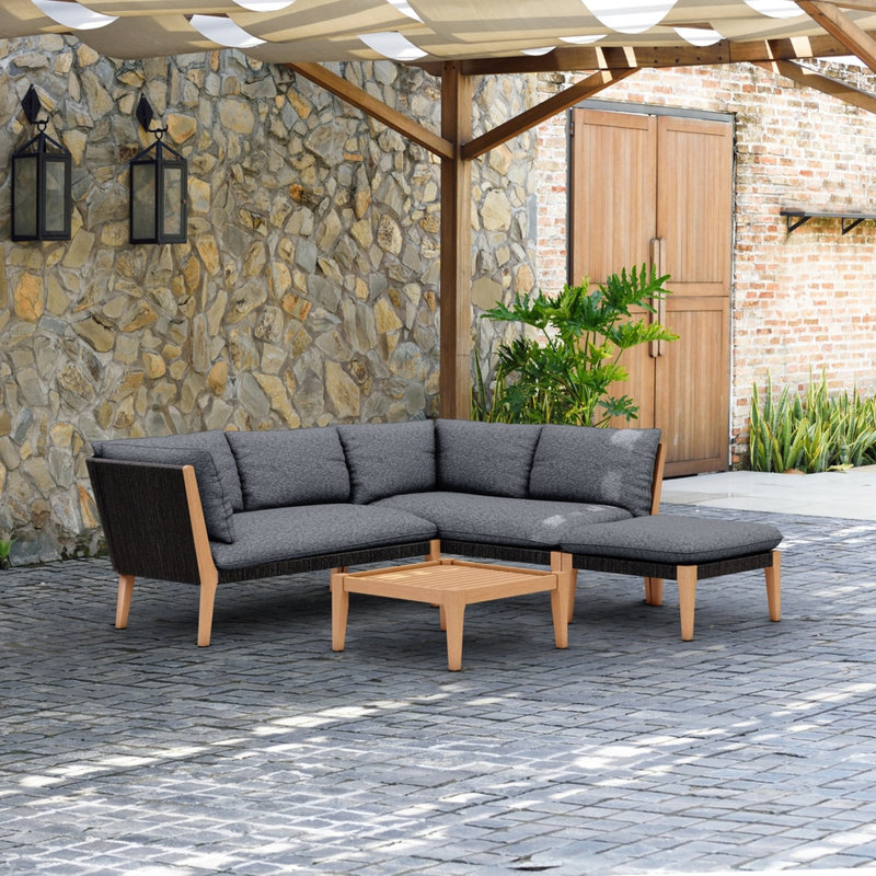 Ensemble de conversation d'extérieur en corde et bois avec coussins Como, Gris foncé