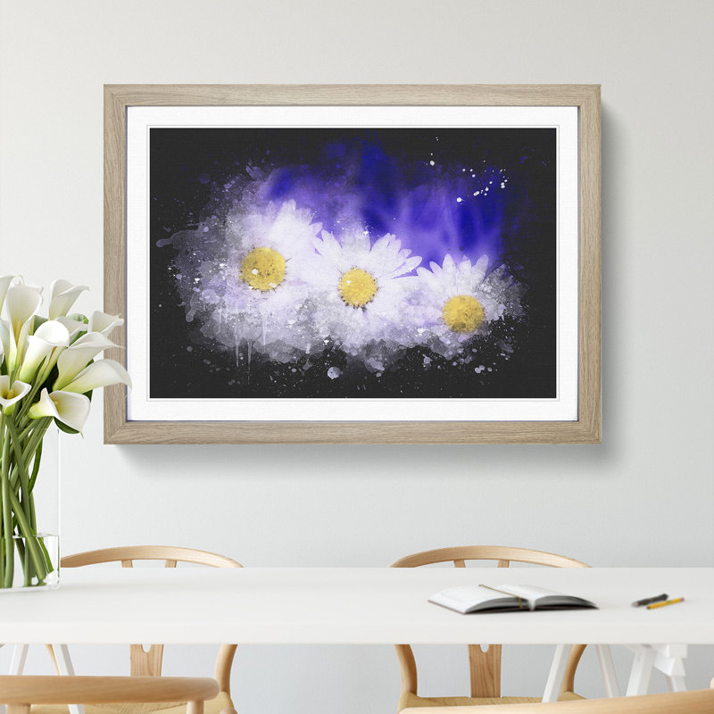 Three White Daisies Paint Splash - Picture Frame Graphic Art, 48cm H x 65cm W x 2cm D, Oak