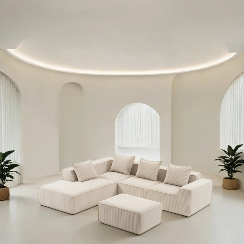 Canapé modulaire en velours avec repose-pieds, Velours côtelé beige