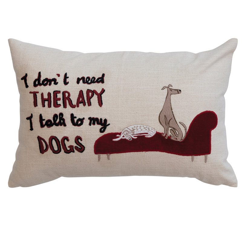 Cotton Lumbar Pillow with Embroidered Dog Illustration and Message