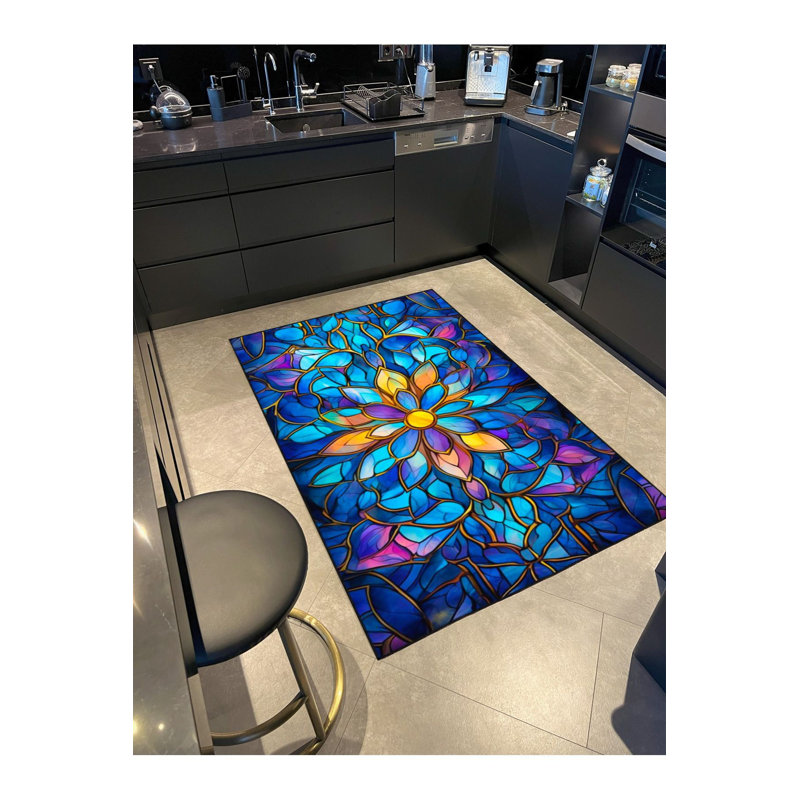 Tapis tissé à motif floral lavable bleu, Sous-tapis rectangulaire 5 pi 1 po x 7 pi 7 po inc