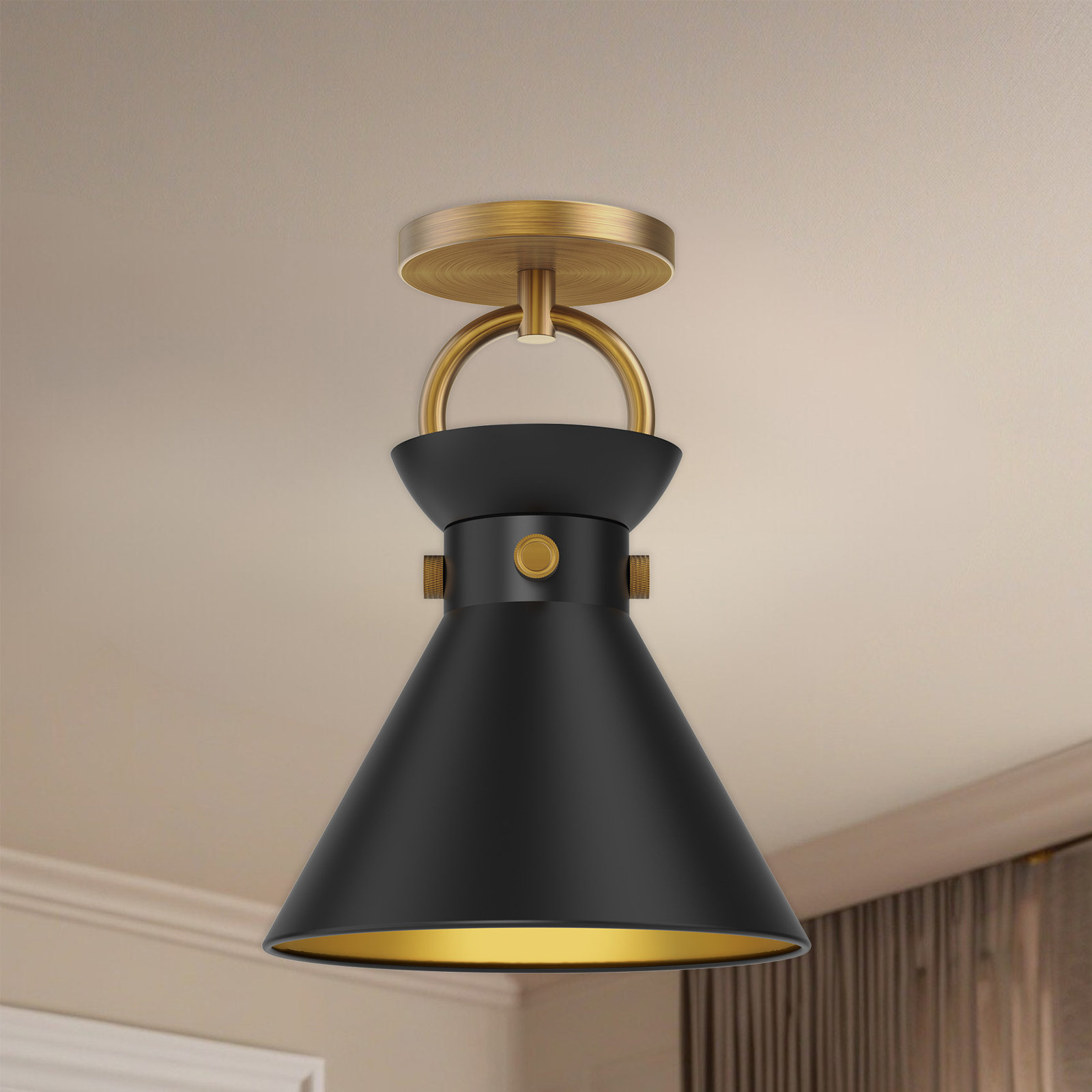 Tiney Single Light Metal Semi Flush Mount, Aged Gold/Matte Black