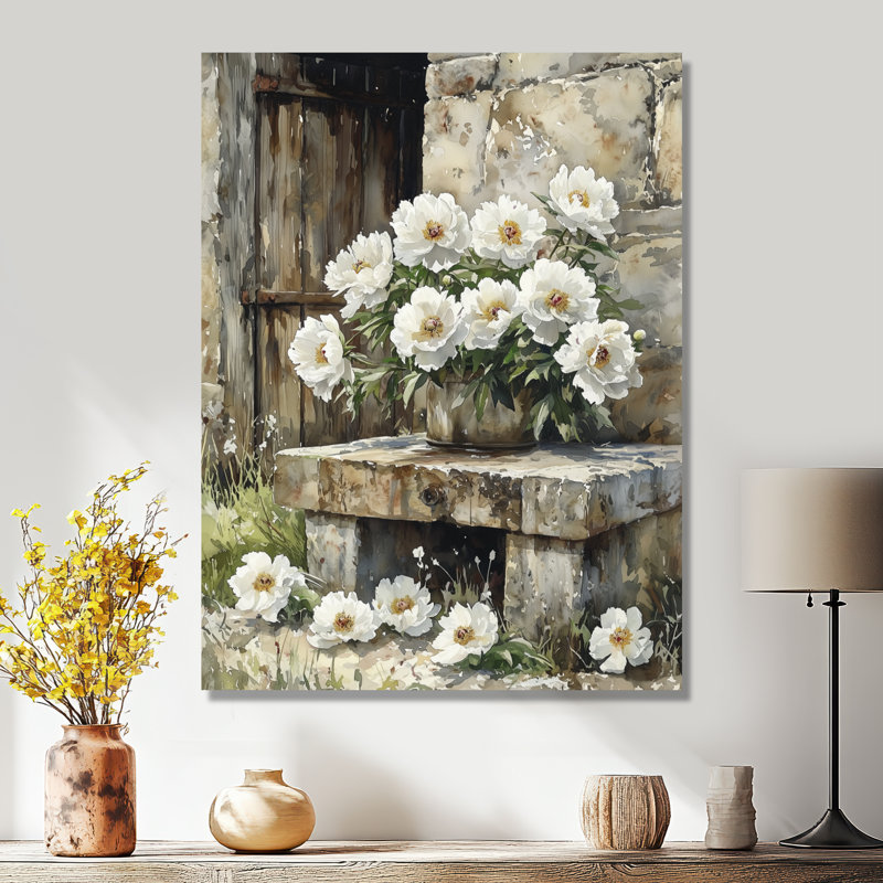 Pivoines par l'arrosage III - Pivoines, impression sur métal, H 44 po x l 34 po