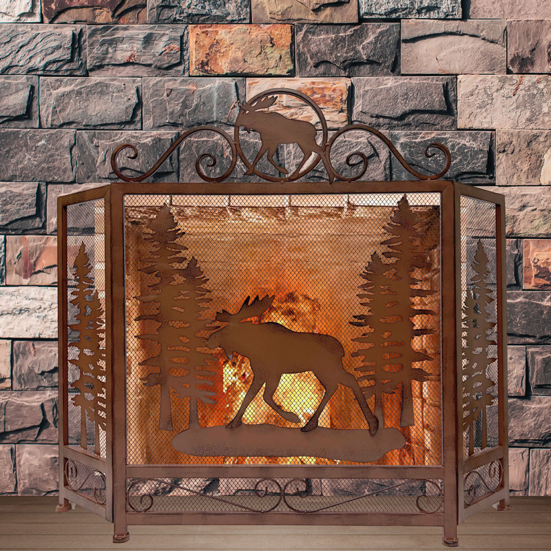 Metal Fireplace Screen with American Bison Design Foldable Three Panel Dark Brown Rustic Cabin Style