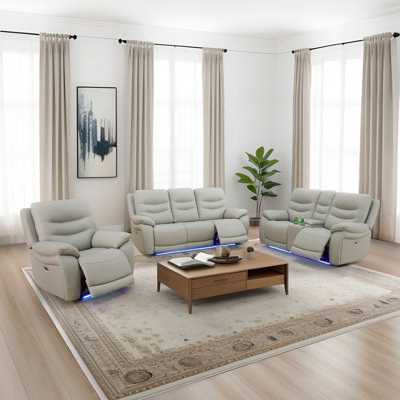 Ensemble de canapé inclinable électrique en cuir 3 pièces avec lumières DEL, ports USB, porte-gobelets et console de rangement, pour le salon / cinéma maison, gris (canapé + causeuse + fauteuil)