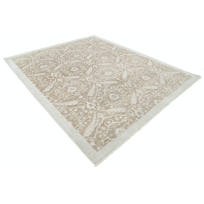 Tapis décoratif en laine noué à la main 8,3 x 10,3 pi, motif taupe et ivoire avec motif à médaillon répétitif pour le salon