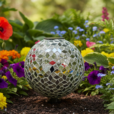 Globe terrestre extérieur en verre mosaïque 10 "avec fleurs solaires Vas Blue Cool Blossoms
