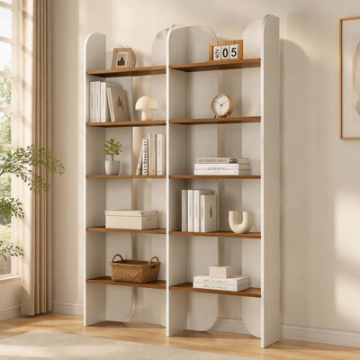 Bibliothèque à 5 niveaux avec double tablette ouverte, étagère de rangement courbée autoportante à panneau arqué pour salon, chambre, bureau à domicile