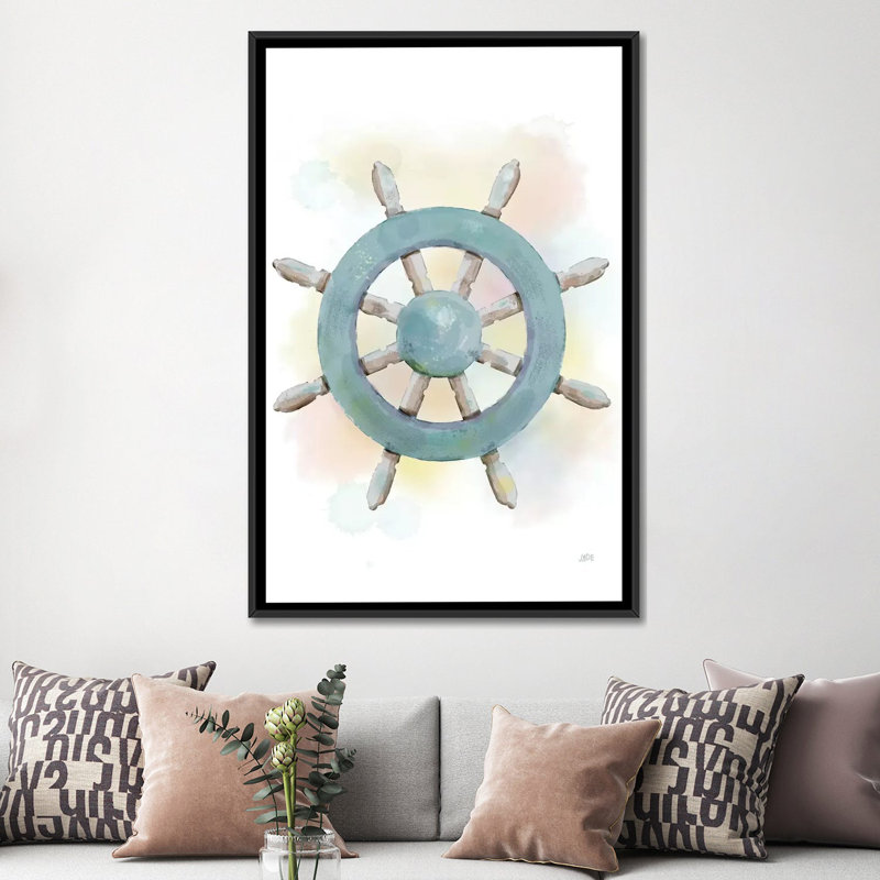 «Watercolor Ship's Wheel», reproduction sur toile tendue, H 26 po x l 18 po x P 1,5 po, Toile avec cadre noir, Pas de tapis