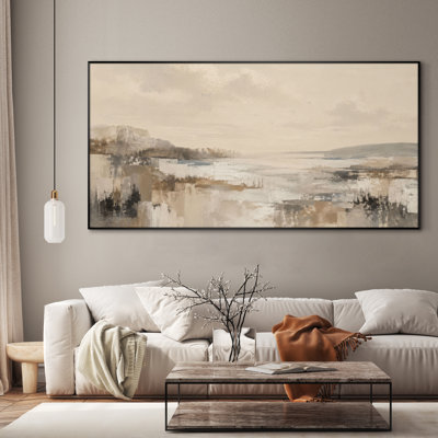 Très grand art mural imprimé sur toile - Beige, brun clair, paysage abstrait, décor de salon contemporain - "Assemblage requis (cadre non fini)"