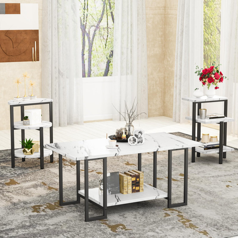 Ensemble de tables basses 3 pièces en faux marbre - Rangement à plusieurs niveaux, ensemble de table de salon moderne nordique pour petits espaces et appartements