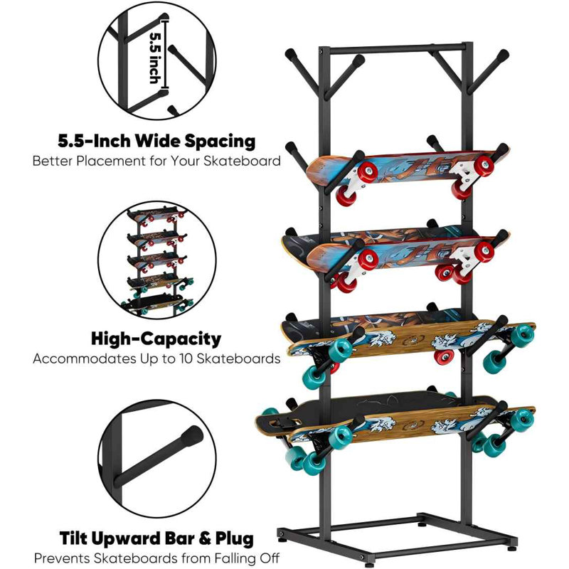 Support de rangement pour planches à roulettes sur pied, à 5 niveaux, autoportant.