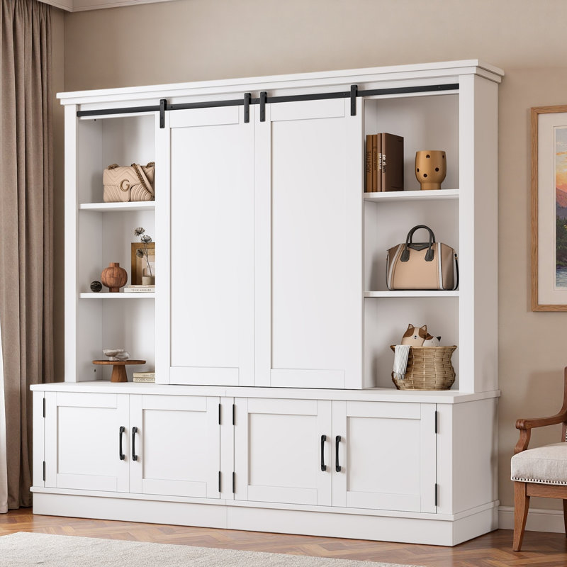 Multifunctional Hall Tree With Sliding Barn Door, Open Shelves And Storage Cabinets, White
