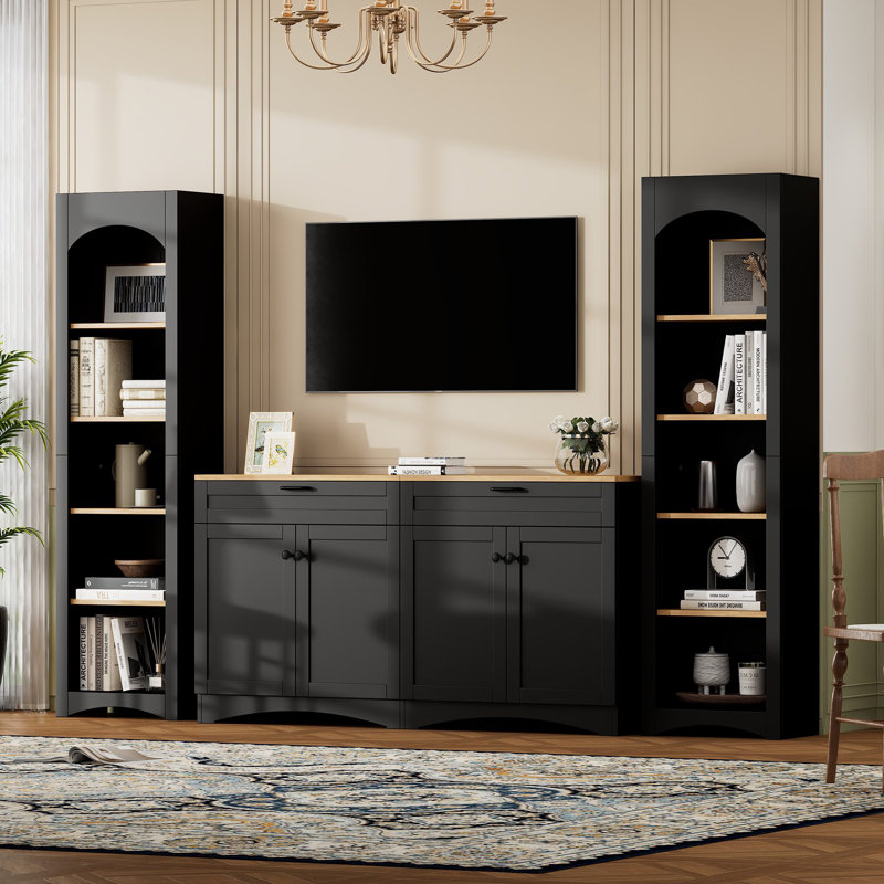 3-Piece Mid-Century Storage Cabinet Set With Bookshelf And Adjustable Shelves, Black