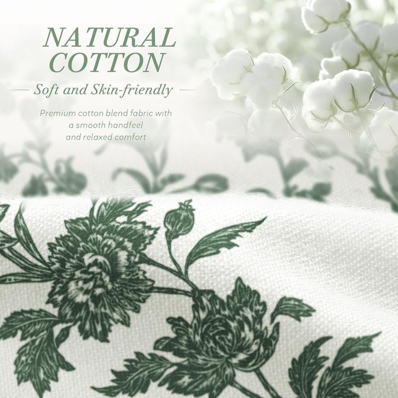 Rideau de douche vert floral, rideaux de douche Cottagecore en coton rétro pour salle de bain, l 72 po x L 72 po, Vert