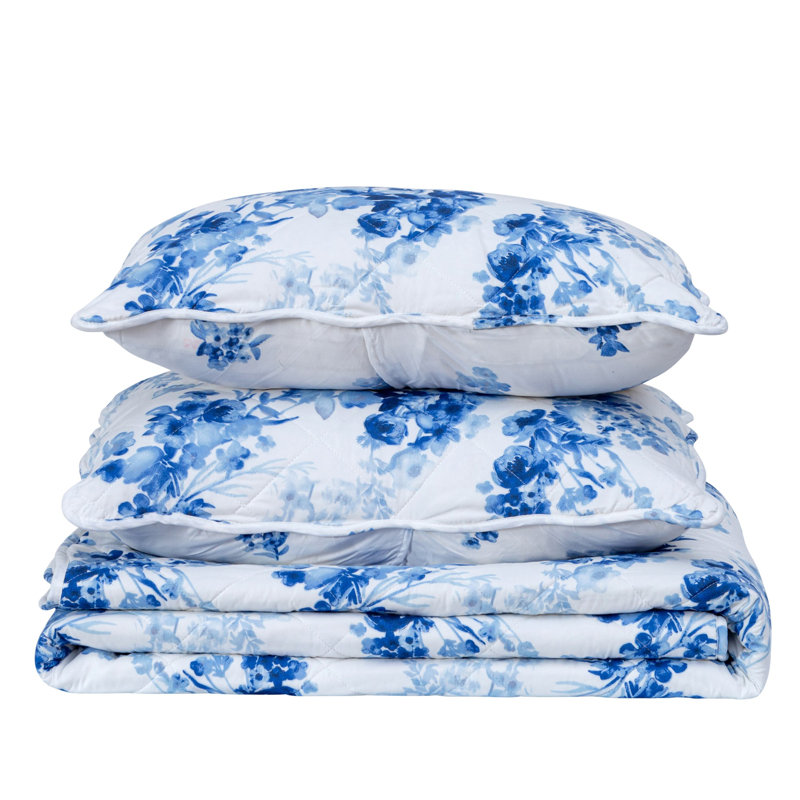 Blue Floral Twin Microfiber Reversible Quilt Set
