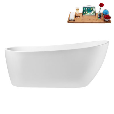 67" Streamline Soaking Glossy White Freestanding Tub and Tray With Internal Drain