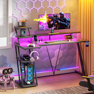 Gaming Desk With Monitor Stand & Cpu Stand,Computer Desk With Power Outlet & RGB LED Lights,Home Office Desk With Cup Holder & Headphone Hook