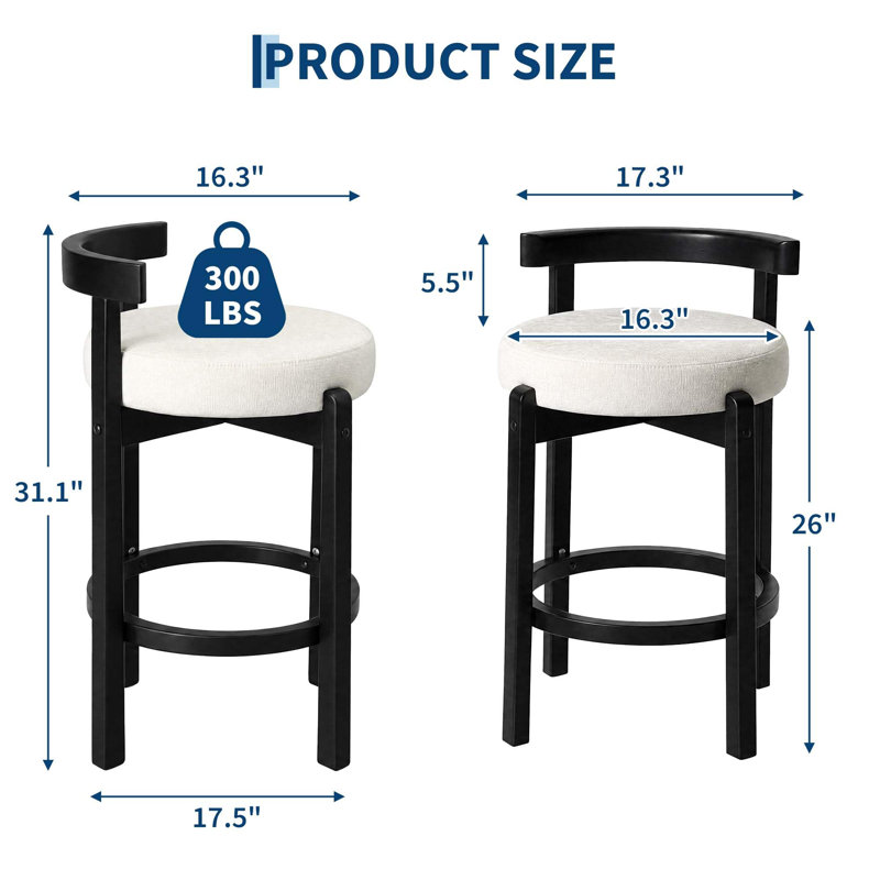Ensemble de 4 tabourets de bar, hauteur de comptoir, dossier incurvé et pieds en bois massif, noir et beige, ensemble de 4