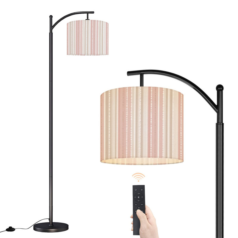 Arc Floor Lamp with Adjustable Lampshade Soft Pink Striped Delicate Scalloped Edges Standing Lamp 3 Color Temperatures Dimmable Tall Pole Lamp with Foot Switch for Bedroom
