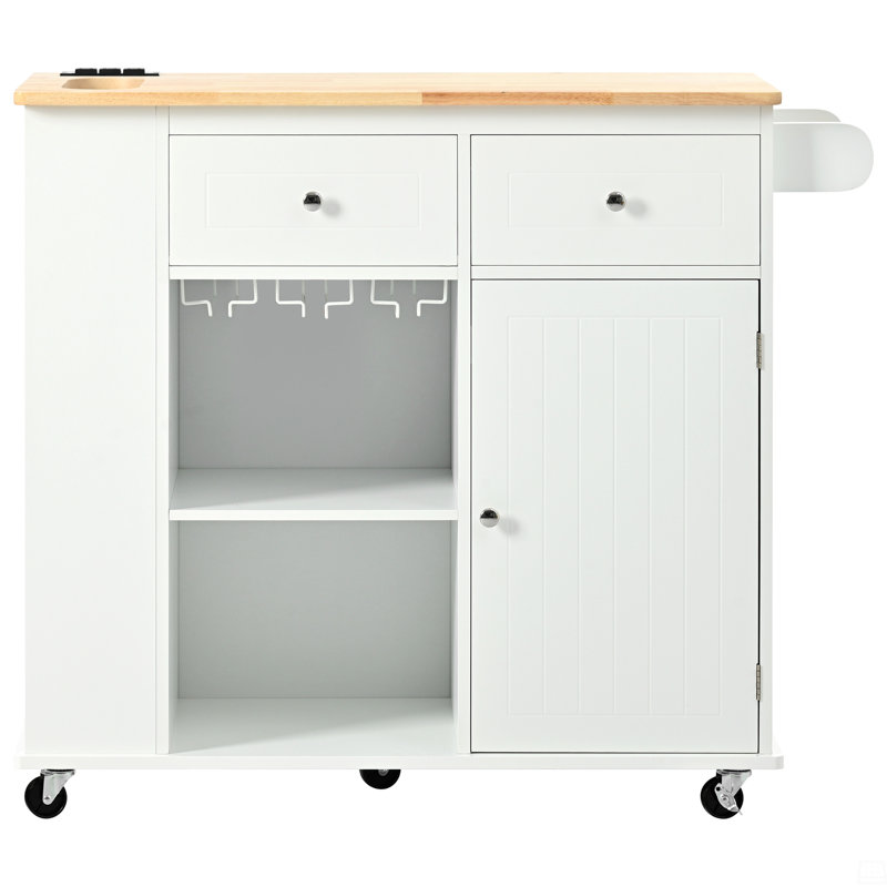 Kitchen Island With Power Outlet,Kitchen Storage Island With Drop Leaf And Rubber Wood,Open Storage And Wine Rack,5 Wheels,With Adjustable Storage
