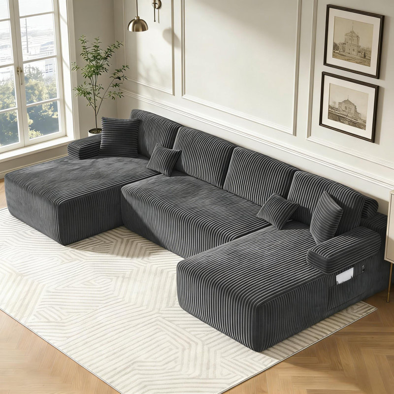 126.2" U-Shaped Modular Sectional Sofa with Double Chaise, Convertible Corduroy Couch, Compression Sofa in a Box & No Assembly Required, with Storage Pockets & Adjustable Pillow Back for Living Room