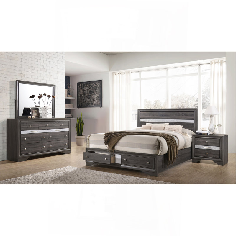 Ensemble de chambre à coucher avec rangement 4 pièces de style traditionnel en bois gris, Gris