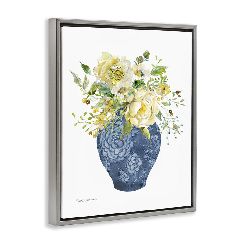 Cadre flottant Sunny Chinoiserie à fleurs jaunes, design par Carol Robinson, Cadre flottant gris lustré, H 21 po x l 17 po