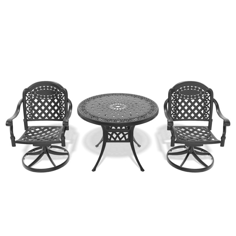 Cet ensemble de salle à manger en fonte d'aluminium toutes saisons comprend des chaises pivotantes et une table ronde avec cadre noir