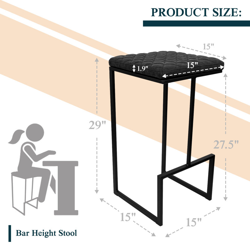 Mengia Leather Bar Stool Upholstered Counter Stool with Quilted Seat and Footrest Kitchen Stool, Charcoal Black, 2